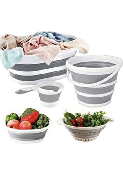 Katlanır 5’li Set Plastik Çamaşır Sepeti 25 lt Hacim Özellikli Kova Maşrapa Badya Süzgeç