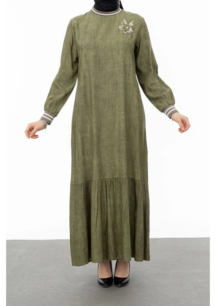 Ribanalı Eteği Büzgülü Elbise - Haki