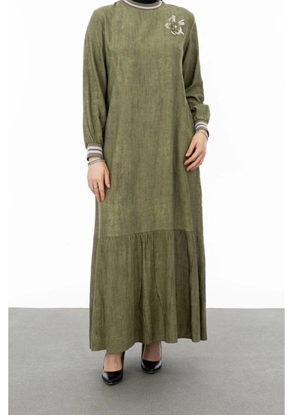 Ribanalı Eteği Büzgülü Elbise - Haki fiyatları