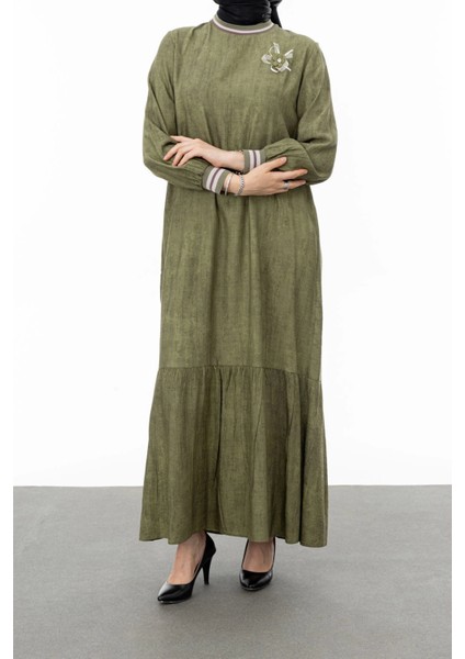 Ribanalı Eteği Büzgülü Elbise - Haki modelleri