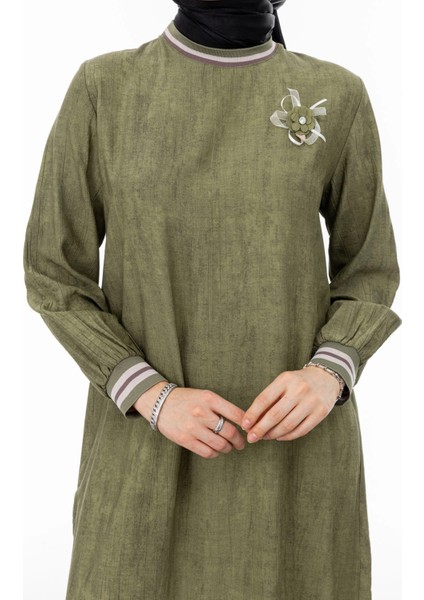 Ribanalı Eteği Büzgülü Elbise - Haki fırsatları