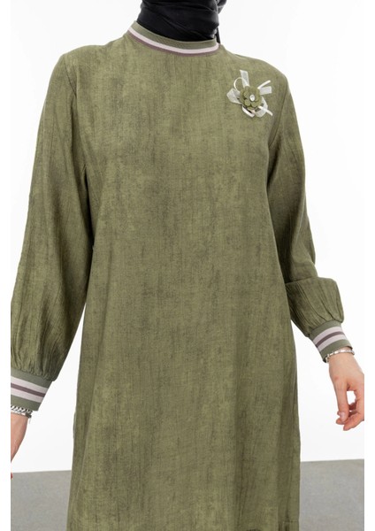 Ribanalı Eteği Büzgülü Elbise - Haki indirimleri