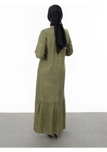 Ribanalı Eteği Büzgülü Elbise - Haki