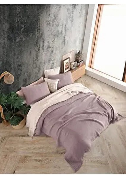 Lila Renkli 4 Katlı Muslin %100 Pamuk Çift Kişillik Yatak Örtüsü/pike 230X250 cm Battal Boy modelleri