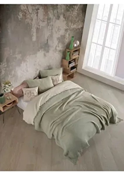 Adaçayı Yeşili 4 Katlı Multi Muslin %100 Pamuk Çift Kişillik Yatak Örtüsü/pike 230X250 cm Battal Boy