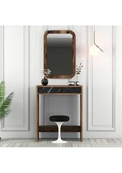 Lizbon Mini Aynalı Makyaj Masası Dresuar - Ceviz / Siyah Mermer