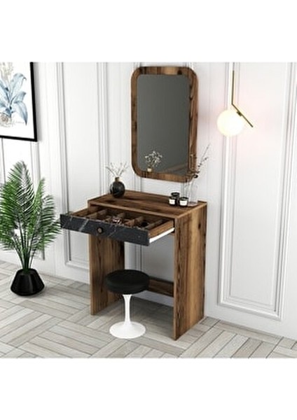 Lizbon Mini Aynalı Makyaj Masası Dresuar - Ceviz / Siyah Mermer fırsatları