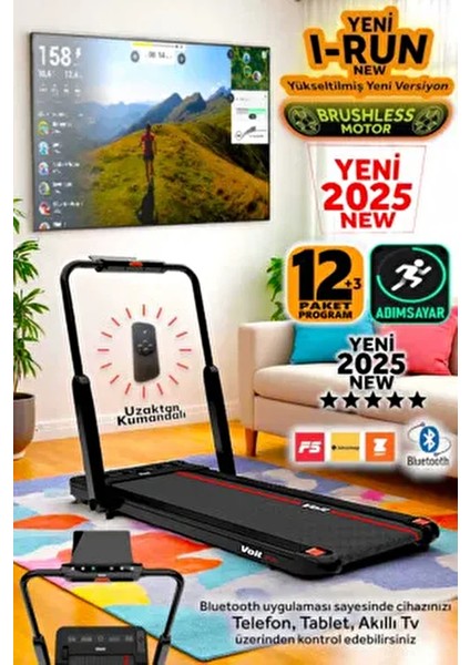 Irun New Koşu Bandı, Bluetooth, 12KM Hız, Kumandalı, Sıvı Silikon Hediyeli, Adım Sayarlı, Programlı