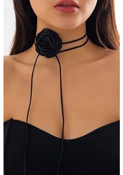 Kadın Siyah Saten Gül Choker Kolye