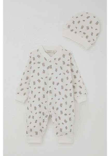 Kız Bebek Tulum Çiçek Desenli 0-6 Ay, Ekru