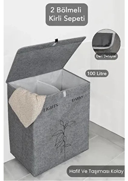 Çok Amaçlı Gri Keçe Deri Çamaşır Kirli Sepeti 2 Bölmeli Katlanır Tasarım