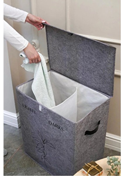 Çok Amaçlı Gri Keçe Deri Çamaşır Kirli Sepeti 2 Bölmeli Katlanır Tasarım fırsatları