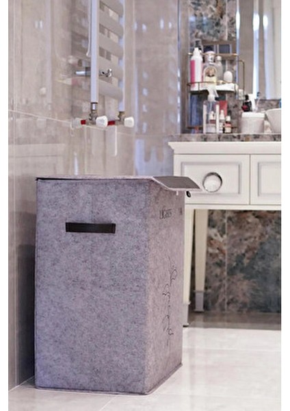 Çok Amaçlı Gri Keçe Deri Çamaşır Kirli Sepeti 2 Bölmeli Katlanır Tasarım
