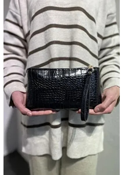 Kadın Siyah Pörtföy El Çantası Kroko Croco