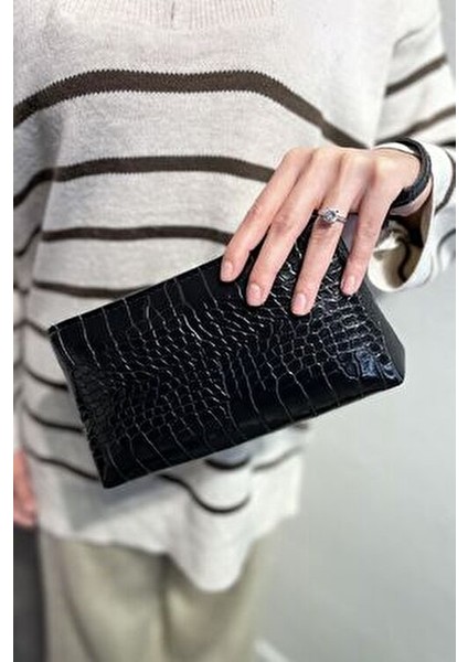 Kadın Siyah Pörtföy El Çantası Kroko Croco modelleri