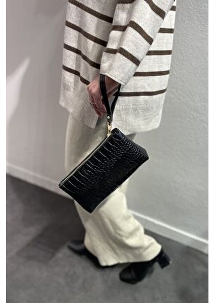 Kadın Siyah Pörtföy El Çantası Kroko Croco fırsatları