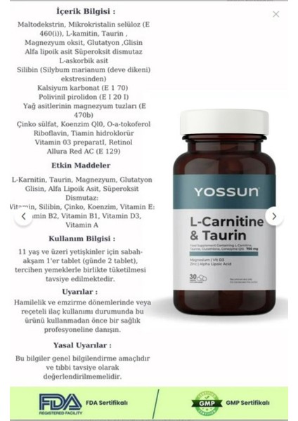 L-Karnitin, Taurin, Glutatyon ve Koenzim Q10 İçeren Tablet Takviye Edici Gıda modelleri