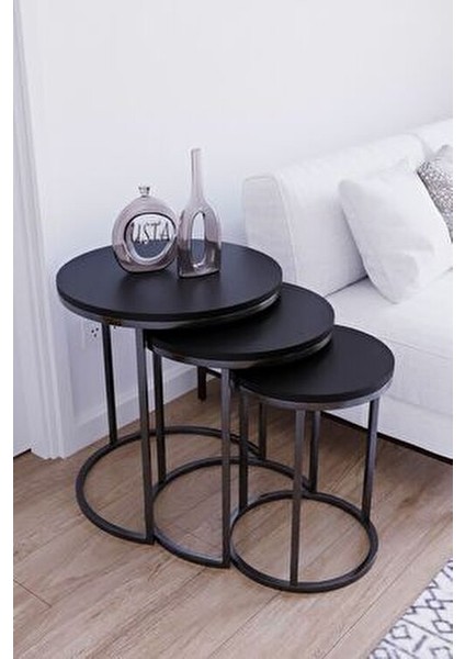 3'lü Siyah Ayak Siyah Tabla Zigon Servis Salon Sehpa