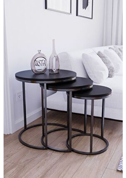 3'lü Siyah Ayak Siyah Tabla Zigon Servis Salon Sehpa fiyatları