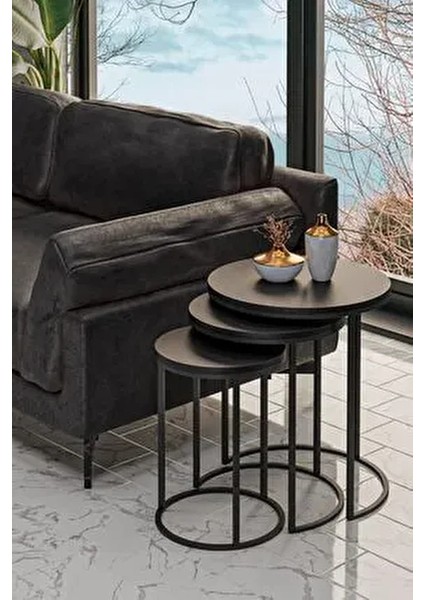 3'lü Siyah Ayak Siyah Tabla Zigon Servis Salon Sehpa modelleri