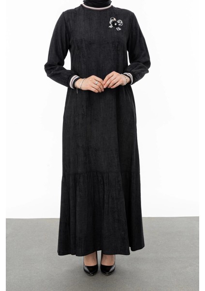 Ribanalı Eteği Büzgülü Elbise - Siyah