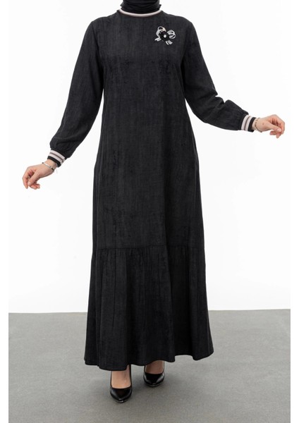 Ribanalı Eteği Büzgülü Elbise - Siyah fiyatları