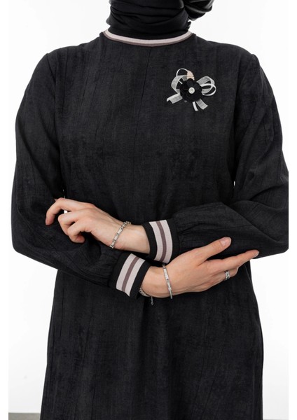 Ribanalı Eteği Büzgülü Elbise - Siyah indirimleri