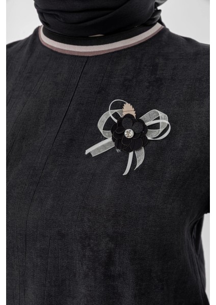 Ribanalı Eteği Büzgülü Elbise - Siyah