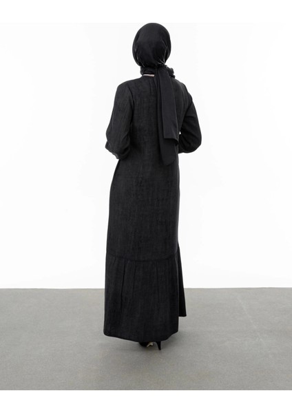 Ribanalı Eteği Büzgülü Elbise - Siyah