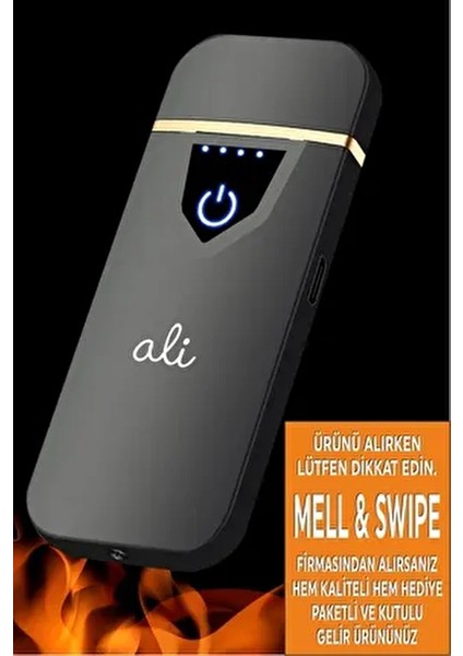 Kişiye Özel Baskılı Vip Alevsiz Çakmak Parmak Izi Dokunmatik Şarjlı Çakmak Siyah