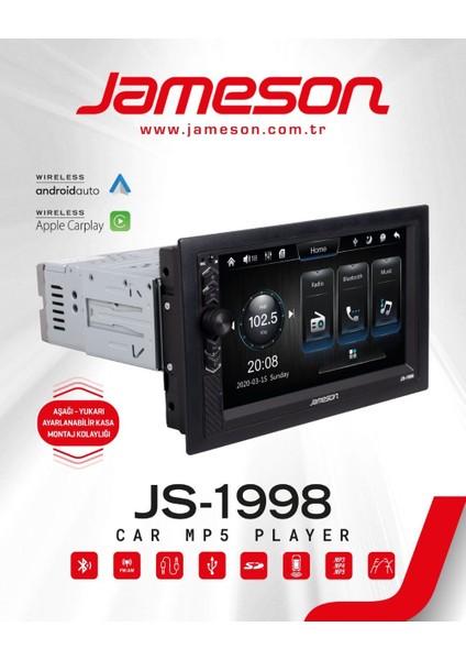 JS-1998-7'' Tek Din-Kablosuz Carplay-Ayarlanabilir-Bt-Usb-Fm-Mp3-Arkası Kısa-Dabıl Teyp-Kamera Hediyeli