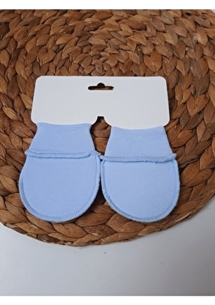 Yenidoğan Bebek Eldiveni %100 Penye Kumaş 0-6 Ay Mavi Renk Düz Desenli 1 Çift