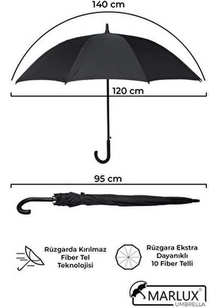 Baston Şemsiye 10 Fiber Telli Siyah Dokuma Malzeme ile Otomatik 135 cm Çap fırsatları