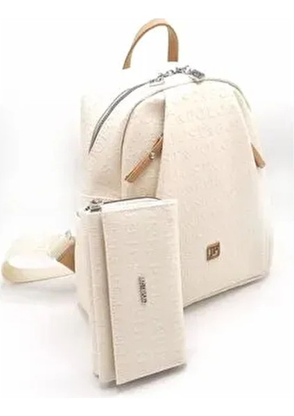 Kadın Krem Gofraj Baskılı Sırt Çantası ve Cüzdan Kombini
