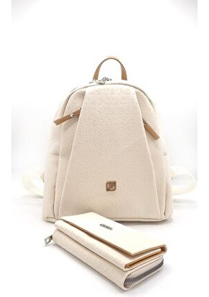 Kadın Krem Gofraj Baskılı Sırt Çantası ve Cüzdan Kombini fırsatları
