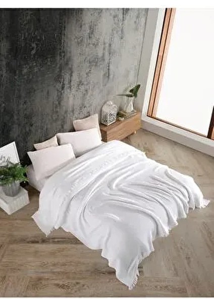Saf Beyaz 4 Katlı Multi Muslin %100 Pamuk Çift Kişilik Yatak Örtüsü Düz Tema 230x250 cm