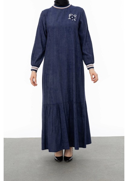 Ribanalı Eteği Büzgülü Elbise - Lacivert