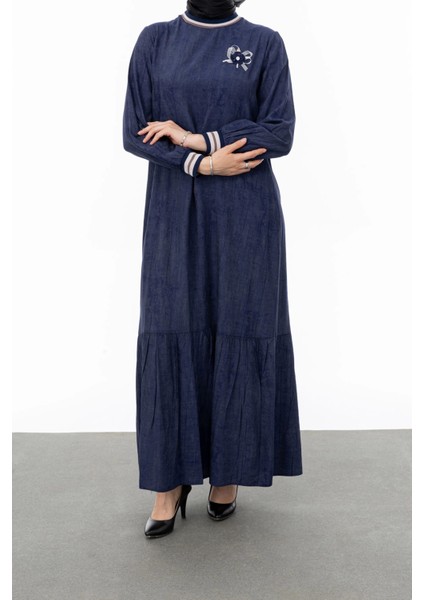 Ribanalı Eteği Büzgülü Elbise - Lacivert modelleri