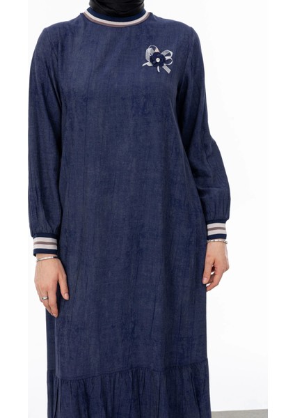 Ribanalı Eteği Büzgülü Elbise - Lacivert fırsatları