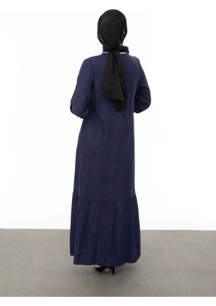 Ribanalı Eteği Büzgülü Elbise - Lacivert