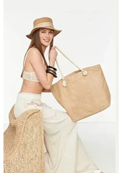 Hasır Plaj Çantası - Yuvarlak Ipli Jüt Kumaş Plaj Çantası