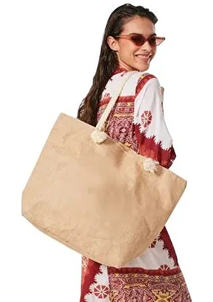 Hasır Plaj Çantası - Yuvarlak Ipli Jüt Kumaş Plaj Çantası modelleri