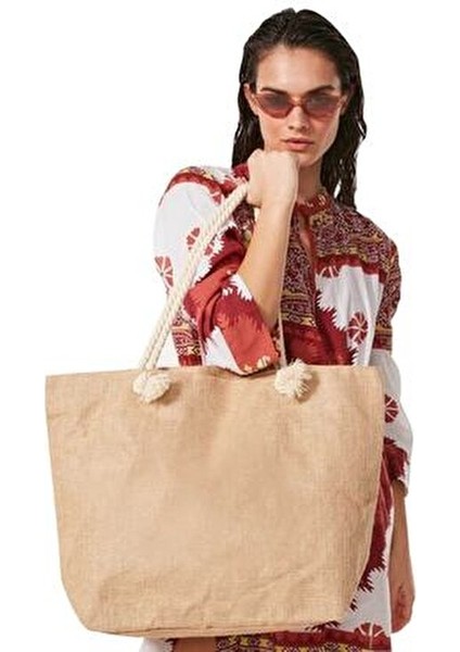 Hasır Plaj Çantası - Yuvarlak Ipli Jüt Kumaş Plaj Çantası fırsatları