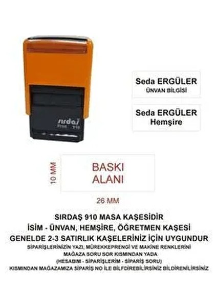 910 İsim Ünvan Kaşesi Turuncu Renk 10x26 mm 2-3 Satırlık Kullanım İçin