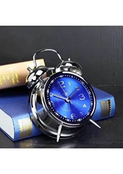 Güçlü Alarm Sesi Akar Mekanizmalı Nostaljik Gümüş Metal Işıklı Çift Çanlı Çalar Saat Masa Saati