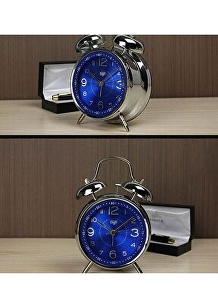 Güçlü Alarm Sesi Akar Mekanizmalı Nostaljik Gümüş Metal Işıklı Çift Çanlı Çalar Saat Masa Saati modelleri