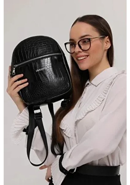 Kroko Siyah 2 Bölmeli Kadın Sırt Çantası