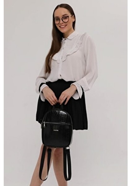 Kroko Siyah 2 Bölmeli Kadın Sırt Çantası