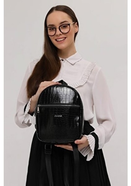 Kroko Siyah 2 Bölmeli Kadın Sırt Çantası