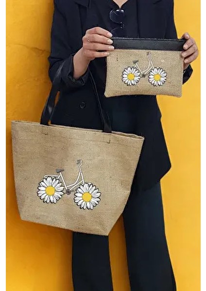 Papatya Baskılı Deri Saplı Hasır Kumaş Baskılı Plaj Çantası ve Makyaj Çantası Ikili Set